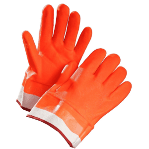Chemical Resistant Gloves, Orange PVC Coated, Fleece Lined, Safety Cuff
