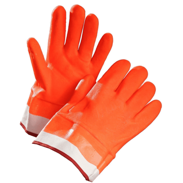 Chemical Resistant Gloves, Orange PVC Coated, Fleece Lined, Safety Cuff